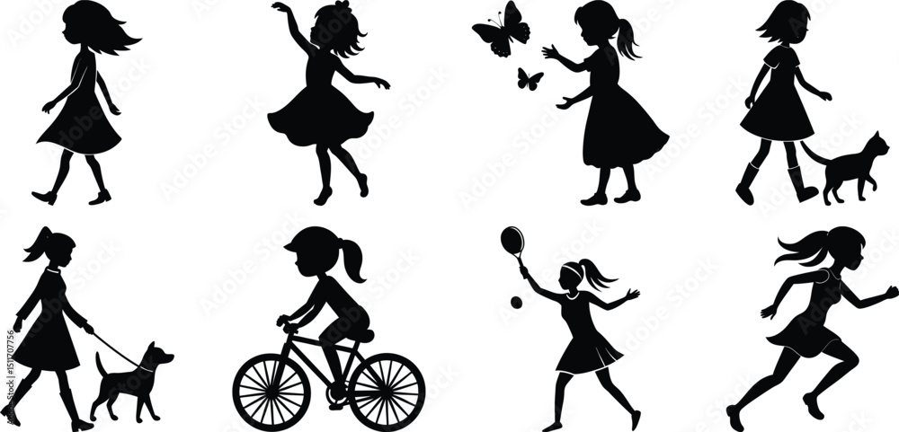 Naklejka premium Children playing running silhouette set. Children activity vector isolated on white transparent background 