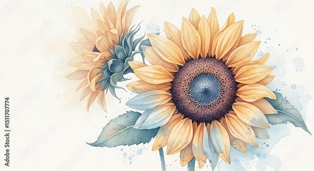 Fototapeta premium Sunflower floral art watercolor painting botanical illustration summer flower garden nature bloom blossom