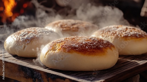 Freshly Baked Breads Still Steaming on Wooden Surface