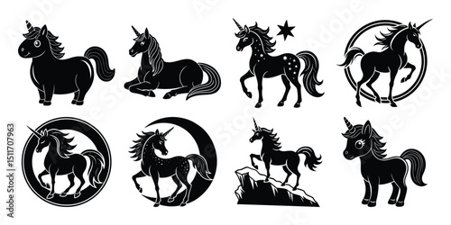 Stylized unicorn silhouette collection in various poses including standing, sitting, jumping and profile views in elegant fantasy vector style.