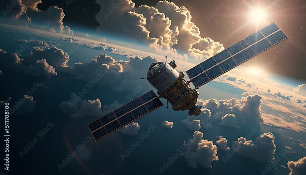 Fototapeta premium Orbiting Satellite Above Earth with Cloudscape and Sun