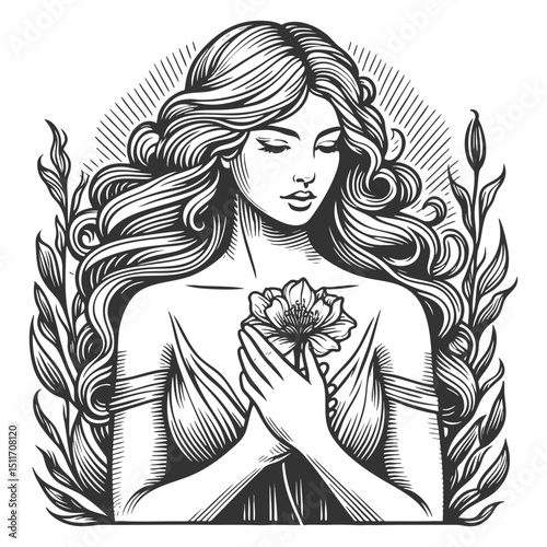 woman holding a flower to her chest, symbolizing love, peace, and inner beauty sketch engraving generative ai fictional character vector illustration. Scratch board imitation. Black and white image.
