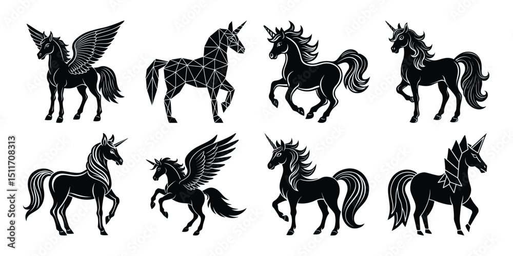 Obraz premium Flying unicorn silhouette vector set with abstract manes, dynamic poses and magical wings for fantasy art, storybooks, and mystical illustration needs.