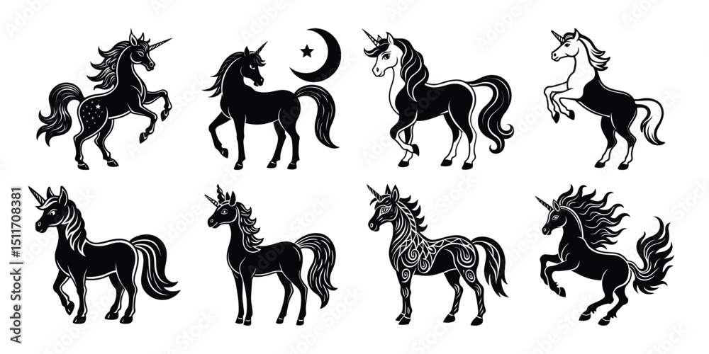 Obraz premium Modern unicorn vector silhouettes featuring polygonal and winged designs for futuristic, stylized or fantasy themed creative projects.