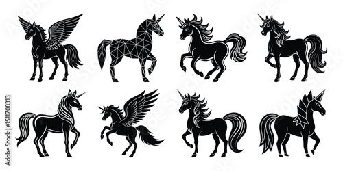 Flying unicorn silhouette vector set with abstract manes, dynamic poses and magical wings for fantasy art, storybooks, and mystical illustration needs.