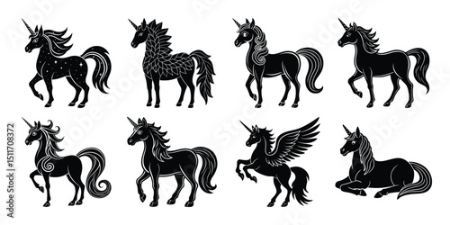 Decorative unicorn silhouettes featuring patterned bodies, flowing manes, and fantasy details in elegant vector design for mystical art projects.