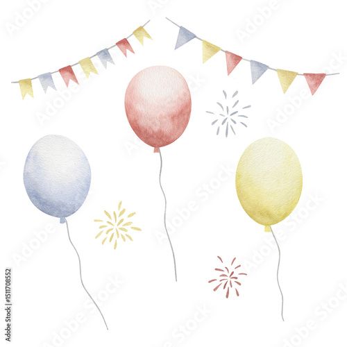 A set with balloons and festive flags, made in watercolor technique. The picture shows three balls: one blue, one red and one yellow, which hover on thin white threads. A garland flags