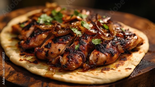 Grilled chicken breast with caramelized onions and fresh herbs on flatbread photo