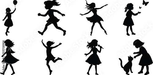 Children playing running silhouette set. Children activity vector isolated on white transparent background
