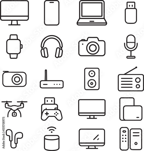 Devices set of web icons in line style. Electronic devices and gadgets icons for web and mobile app. Smart devices, technology, computer monitor, smartphone, tablet, laptop, drone. Vector illustration