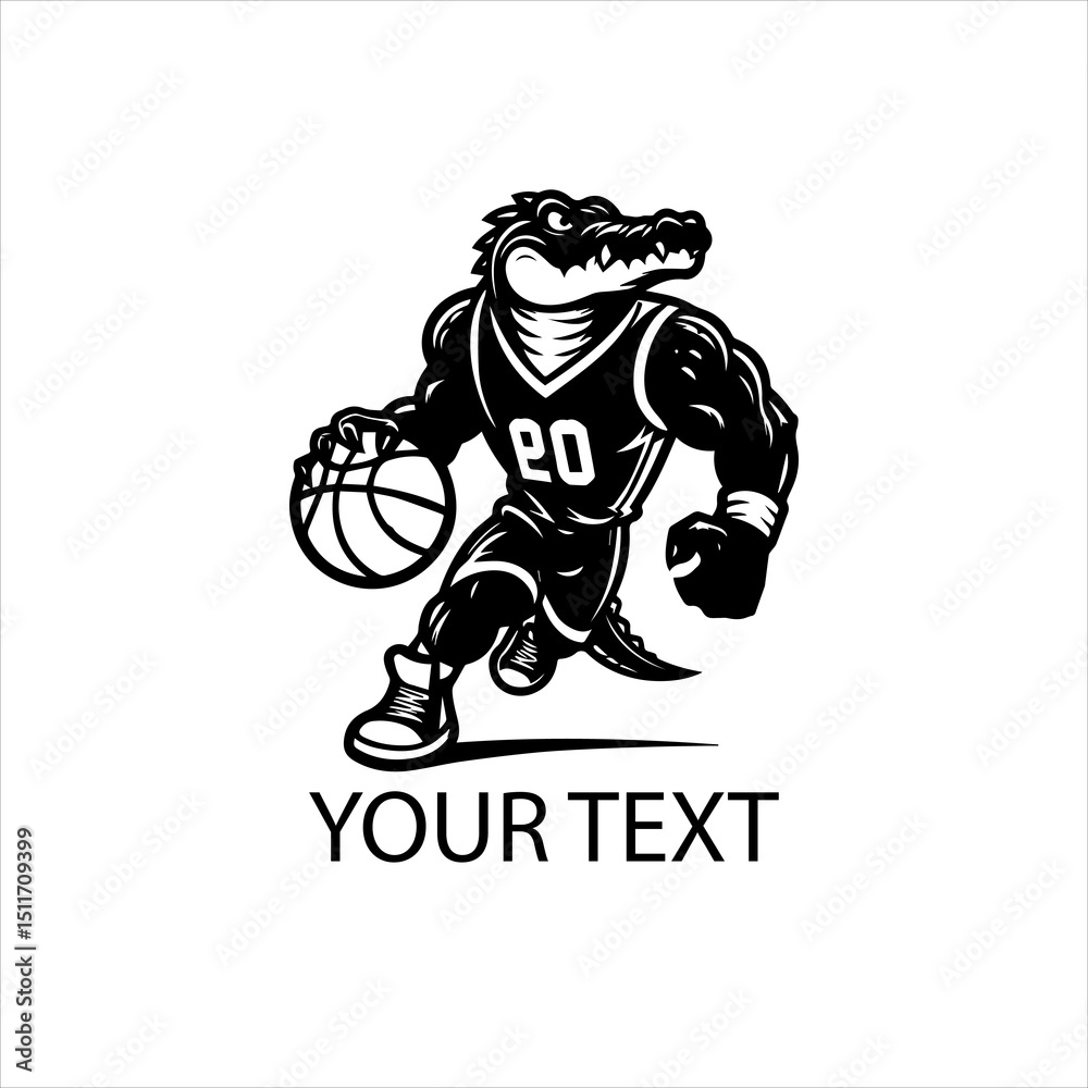 Fototapeta premium Cartoon Style Black Crocodile Playing Basketball Vector Logo Isolated on White Background