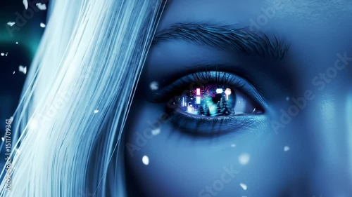 Woman with city reflection in eyes with wonder