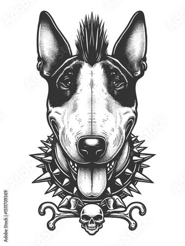 bull terrier dog punk. Mohawk hairstyle, wearing a leather jacket and spiked collar in vintage style sketch engraving generative ai vector illustration. Scratch board imitation. Black and white image.