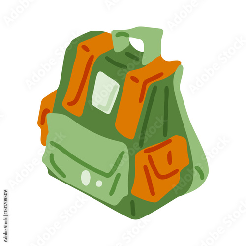 Cartoon Green Travel Backpack Icon — flat hiking bag with orange pockets and handle, stylized illustration isolated on white background, perfect for outdoor themes.
