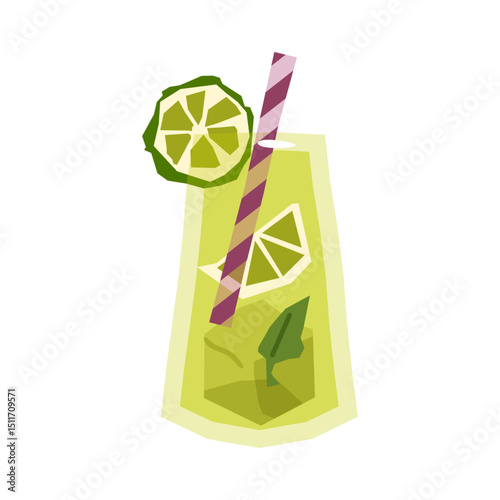 Lime Summer Drink Illustration — refreshing cold beverage with lime slices, ice cubes, and mint in a tall glass, drawn in flat cartoon style, isolated on white background.