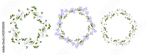 Floral Summer Wreath Frame Set — three circular floral frames with soft purple and pink blossoms and leafy branches, hand-drawn in cartoon style on white background.