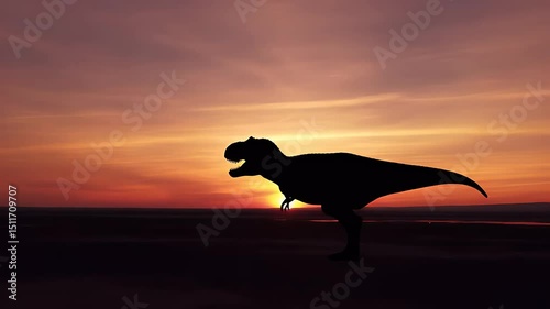 silhouette of a tyrannosaur dinosaur in the sunset