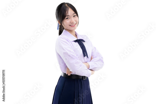 Asian student girl with school uniform. PNG file format transparent background.