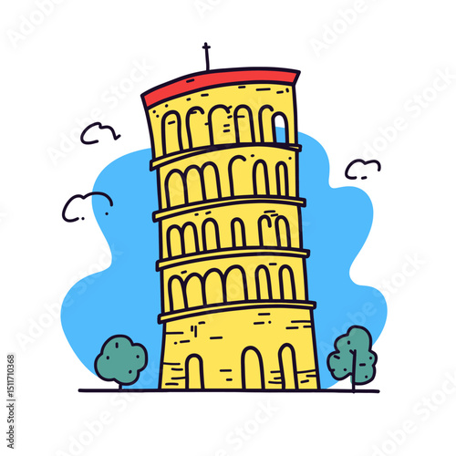 Pisa Tower illustration in an doodle inca cartoon style. Simple minimalist drawing of Pisa Tower
