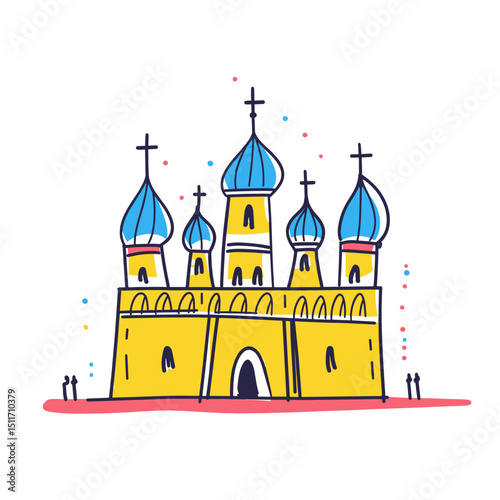 Saint Basil's Cathedral illustration in an doodle inca cartoon style. Simple minimalist drawing of Cathedral of Vasily the Blessed