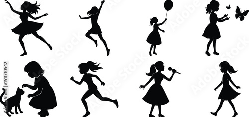 Children playing running silhouette set. Children activity vector isolated on white transparent background
