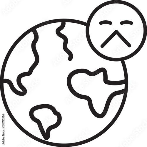 Sad face icon is placed above simple black and white illustration of Earth, symbolizing environmental concerns or global issues. minimalist design conveys sense of urgency and awareness
