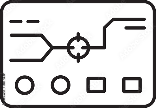 Minimalist black and white icon features circuit like design with lines and shapes, including circles and squares, suggesting technological or digital interface