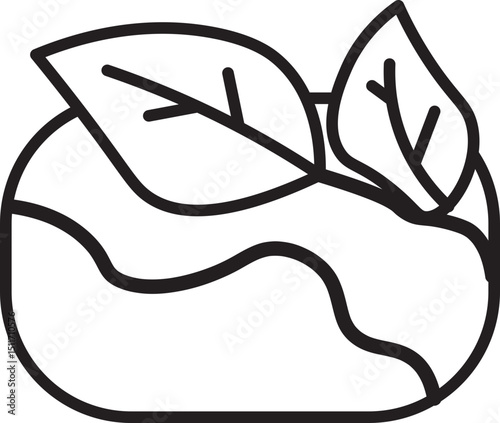 This is simple line drawing of fruit with two leaves on top, possibly representing apple or similar fruit. design is minimalistic and stylized.apple with leaves line drawing