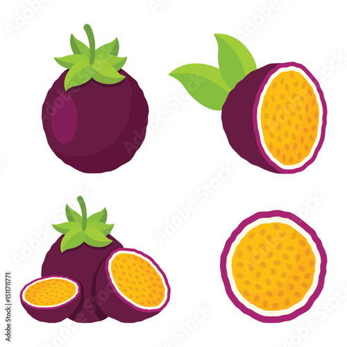 Passion fruit icon set collection in flat style. Passionfruit vector illustration on isolated background. Nature snack sign business concept.