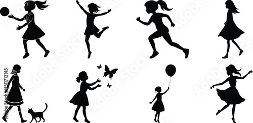 Children playing running silhouette set. Children activity vector isolated on white transparent background
