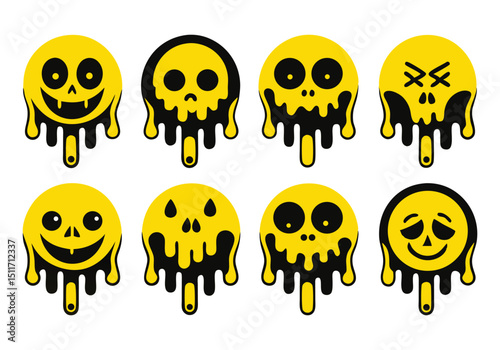 Melting Skull and Smiley Face Emojis Halloween Clipart Set