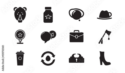 Collection of black silhouette icons representing diverse objects and concepts isolated on white