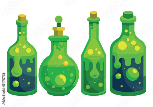 Cartoon Green Potion Bottles  A Collection of Four Unique Designs
