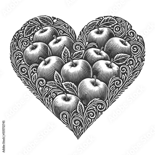 heart-shaped illustration featuring whole apples, sliced apples, and detailed leaves, symbolizing nature and harvest sketch engraving generative ai vector illustration. Scratch board. Black and white.