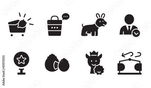 Collection of cute black silhouette icons representing shopping and animal related designs