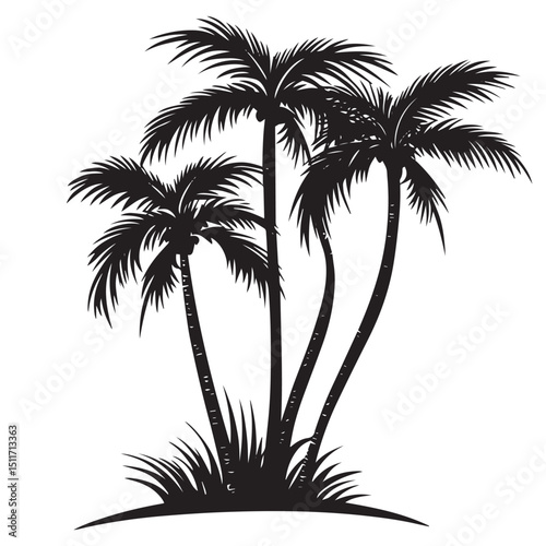 Palm Trees on Beach - Black and White Vector Illustration