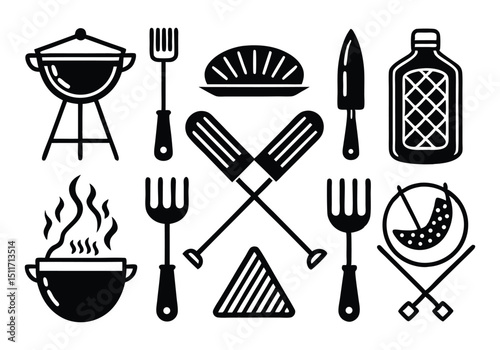 BBQ Grill Utensils and Food Icons Black and White Line Art