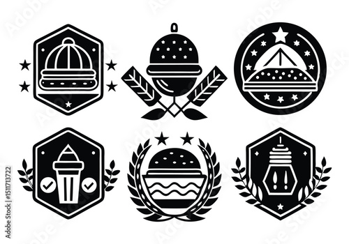 Collection of Six Unique Black and White Food Icons Burgers, Ice Cream, and More