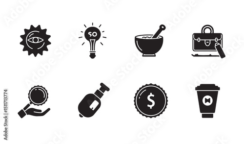 Collection of eight silhouette icons representing ideas business finance and daily life aspects