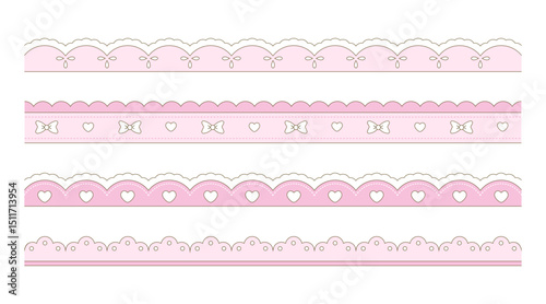 Scalloped lace border with heart, ribbon and dots. Cute lace ornament divider.