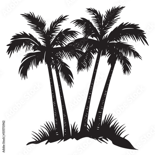 Palm Trees on Beach - Black and White Vector Illustration