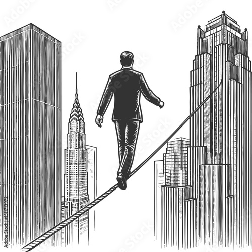 businessman balancing on a tightrope high above a city skyline, symbolizing risk, focus, and career pressure sketch engraving generative ai vector illustration. Scratch board. Black and white image.