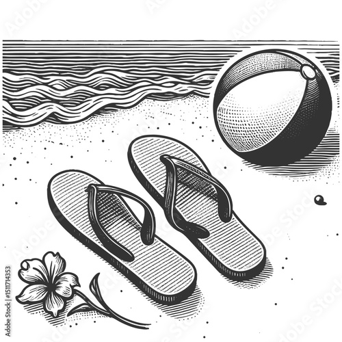 flip flops and a beach ball surrounded by pebbles, evoking summer fun and a relaxed beach vibe sketch engraving generative ai vector illustration. Scratch board imitation. Black and white image.