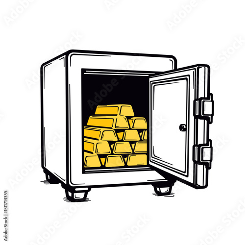 Gold-filled safe in clean line art style, long-term savings concept