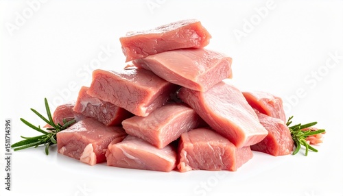 Cuts of raw duck meat stacked isolated on white background