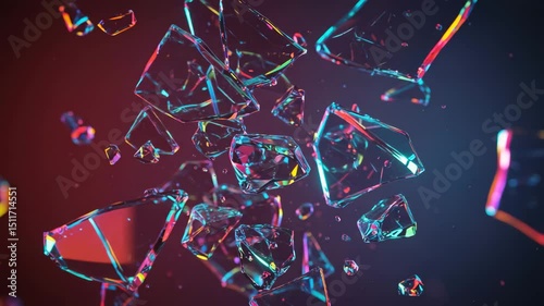 Brilliant shards of transparent material float in a dark space illuminated with red and blue light, creating mesmerizing abstract composition.