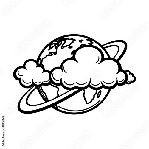 Line art globe with orbiting clouds, symbolizing globalization
