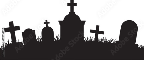 Silhouette of Gravestones and Crosses in Grass