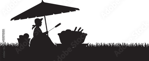Silhouette of a Woman Selling Produce Under a Parasol