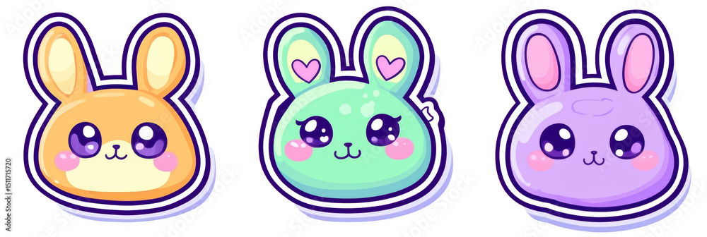 Obraz premium Cute cartoon animals, bunny stickers, colorful design, vector illustration, playful expression, adorable characters